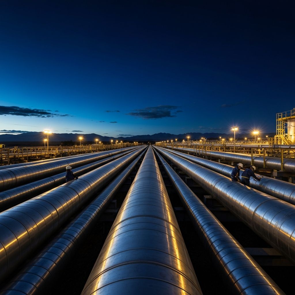 Industrial pipeline facility at dusk